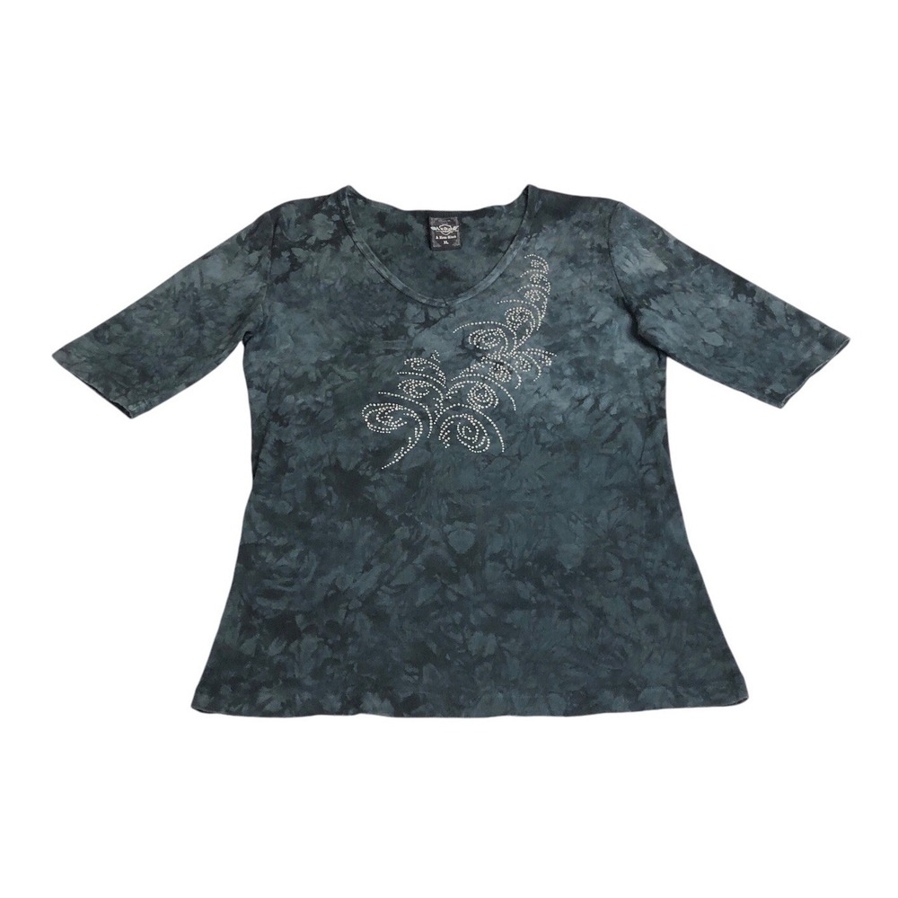 Vintage Y2K Sledge USA Top Womens XL Black‎ Gray Rhinestone Whimsy Goth Grunge